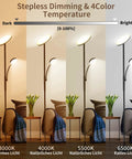 Torchiere Floor Lamp With Reading Light, 3500 Lumen LED Standing Lamp, showing dimmable and 4 color temperatures in use