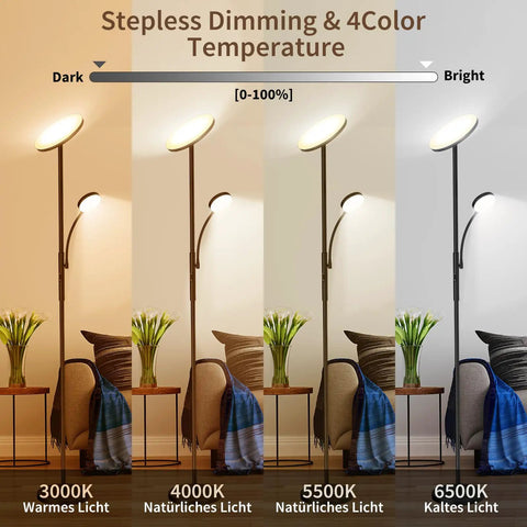Torchiere Floor Lamp With Reading Light, 3500 Lumen LED Standing Lamp, showing dimmable and 4 color temperatures in use