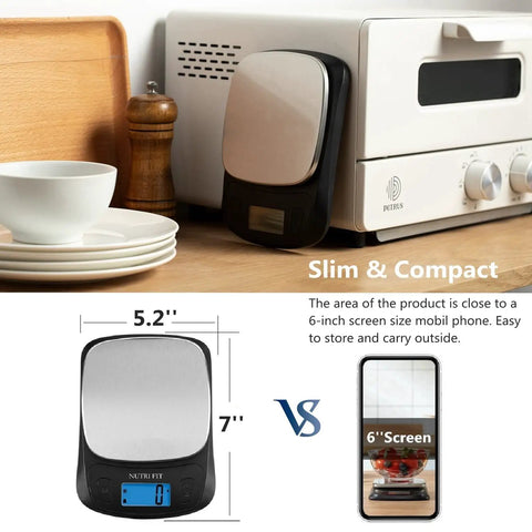 Ultra Slim Digital Kitchen Scale For Baking And Cooking, 11lb And 5kg Capacity, shown on kitchen counter, black and stainless steel