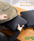 Ultralight Six Piece Compression Packing Cubes Set For Travel Organizer Luggage And Backpack Durable 70D Black Fabric Go To Space Saver For Quick Access No Fuss Repacking being packed into backpack