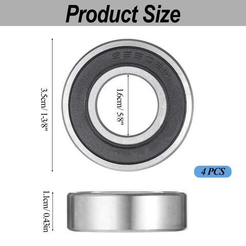 5/8 Inch Bore Flanged Deep Groove Ball Bearing Sealed Steel For Lawn Mowers, Wheelbarrows, Carts And Garden Hand Trucks Replacement Part, ID 5/8 Inch, OD 1-3/8 Inch, Heavy Duty, Durable, Rust Resistant, Easy Fit, product size view with 4-pack label