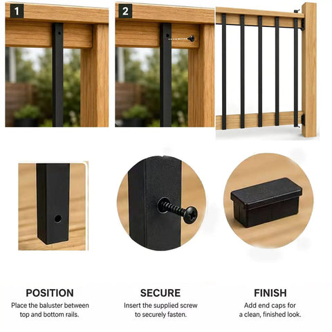 Heavy Duty Black Steel Deck Balusters 101 Pack 32 Inch Metal Railing Spindles for Porch Patio and Stairs No Sweat Assembly Rust Resistant Workhorse Build Seamless DIY Upgraded installation guide showing baluster positioning and securing.