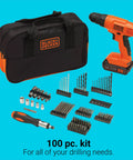 20V Cordless Drill Driver Kit With 100 Piece Bit And Socket Set 24 Position Clutch Soft Grip Handle Battery And Charger Included