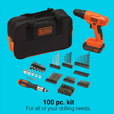 20V Cordless Drill Driver Kit With 100 Piece Bit And Socket Set 24 Position Clutch Soft Grip Handle Battery And Charger Included