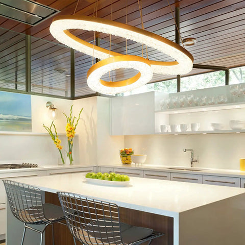 Lit 2 Ring Gold Crystal Chandelier With LED Integrated Dimmable 3000K Warm White Ceiling Lights in modern kitchen setting