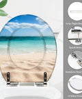 Tropical Paradise Round Toilet Seat With Gentle Soft Close Hinges And Easy Peasy Quick Swap Brackets Killer Beach Umbrella Vibe Built Tough For Bathroom Use on white toilet, showing beach scene and metal hinges.