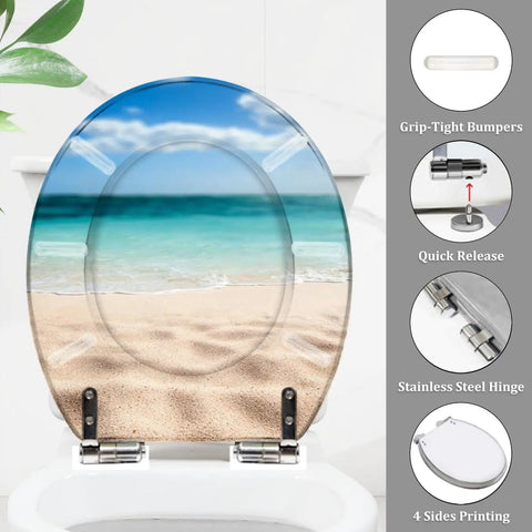 Tropical Paradise Round Toilet Seat With Gentle Soft Close Hinges And Easy Peasy Quick Swap Brackets Killer Beach Umbrella Vibe Built Tough For Bathroom Use on white toilet, showing beach scene and metal hinges.