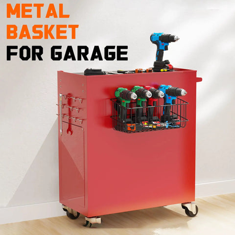 Heavy Duty Magnetic Wire Baskets Set Must Have Large Capacity Metal Shelf Organizer For Garage attached to red metal cart