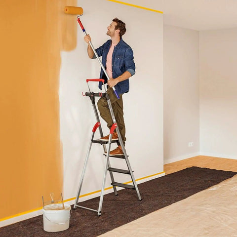 Six Step Aluminum Step Ladder With 330 Lb Capacity, 129.1 Inch Reach, Heavy Duty Build, Extendable Safety Bar, Locking Platform, Non Slip Steps, Tool Tray, Bucket Strap And Hook, EasyClix Ready For Fast Setup And Secure, High Reach Work painter on aluminum step ladder painting wall