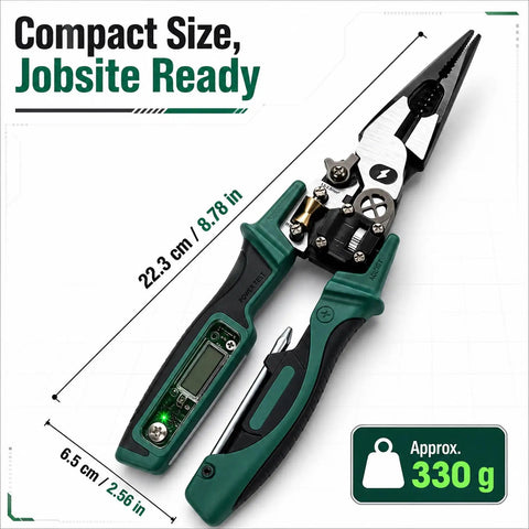 All In One Electrician Pliers With Digital Display And Voltage Tester, Wire Stripper Cutter Crimper Screwdriver, Multi Function Electrical Tool For Home Auto And Workshop Use Green, 22.3 cm, 330 g