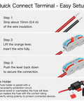 Step-by-step guide for connecting wires to a Heavy Duty DC Step Down Converter 48V To 12V And 72V To 12V with quick connect terminal.