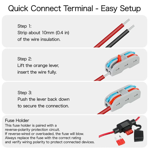 Step-by-step guide for connecting wires to a Heavy Duty DC Step Down Converter 48V To 12V And 72V To 12V with quick connect terminal.