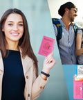 Woman holding tickets and pink passport, couple traveling with map, Passport Holder Wallet With RFID Blocking Leather Card Case For Travel