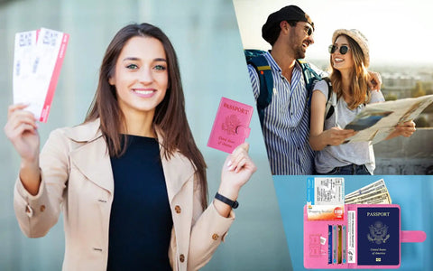 Woman holding tickets and pink passport, couple traveling with map, Passport Holder Wallet With RFID Blocking Leather Card Case For Travel