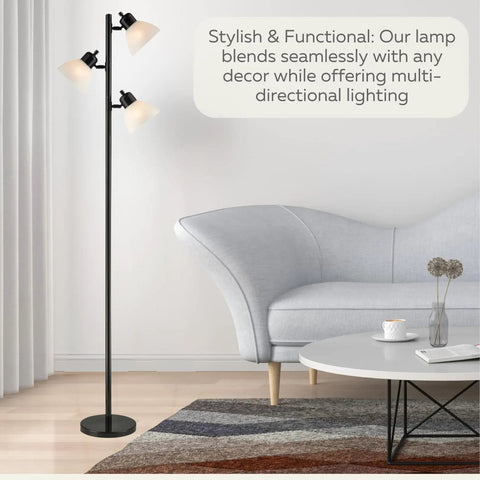 Three Light Black Floor Lamp Tree Style With Industrial Modern Look And Three Adjustable Heads For Ambient And Task Lighting A Tall Pole Lamp Built For Living Room Or Office And Ready To Shine Like A Boss next to sofa and coffee table