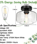 Industrial Semi Flush Mount Ceiling Light With Seeded Glass Shade, 800 Lumen LED Bulb Included, bulb specs and dimensions