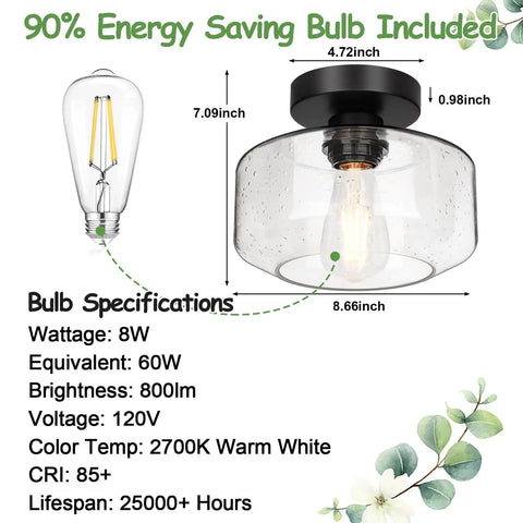 Industrial Semi Flush Mount Ceiling Light With Seeded Glass Shade, 800 Lumen LED Bulb Included, bulb specs and dimensions