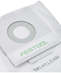 Close-up of a self-clean filter bag for CT 26 vacuum system showing label and opening, part of a 5-pack heavy-duty set