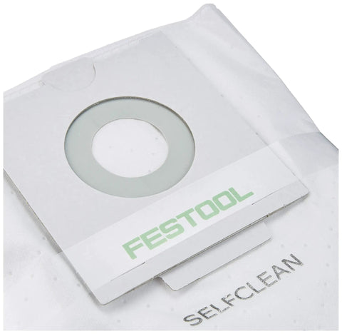 Close-up of a self-clean filter bag for CT 26 vacuum system showing label and opening, part of a 5-pack heavy-duty set