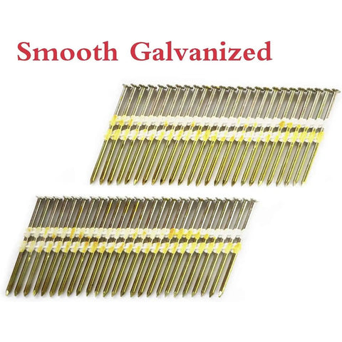Three Inch Framing Nails For Tough Wood Framing Jobs, 21 Degree EG Smooth Shank Plastic Collated Nails For Framing Nailer, 3 X.131 Inch, 1500 Count Heavy Duty Framing Projects Jobsite Ready displayed with smooth galvanized finish