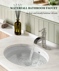Waterfall Bathroom Faucet In Brushed Nickel Finish Dope Farmhouse Style Vanity Sink Tap showing steady laminar stream