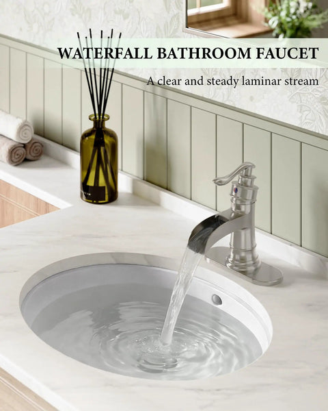 Waterfall Bathroom Faucet In Brushed Nickel Finish Dope Farmhouse Style Vanity Sink Tap showing steady laminar stream