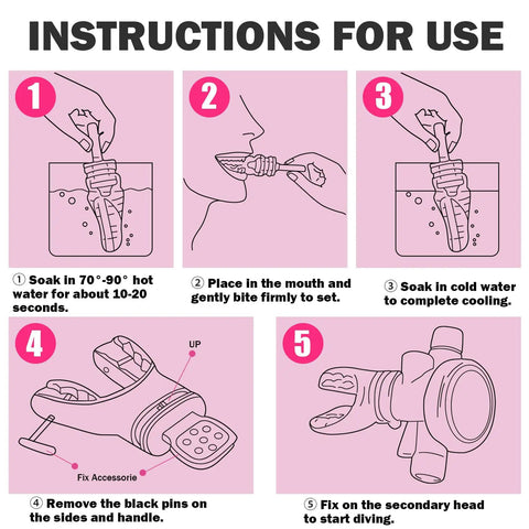 Instructions for fitting Two Pack Moldable Silicone Regulator Mouthpieces For Scuba Diving with images and steps 1 to 5.