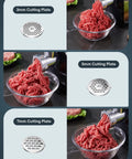 Heavy Duty Electric Meat Grinder With Sausage Stuffer Kit 3200W Peak 300W Rated showing 3, 5, 7mm cutting plates and ground meat