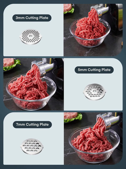 Heavy Duty Electric Meat Grinder With Sausage Stuffer Kit 3200W Peak 300W Rated showing 3, 5, 7mm cutting plates and ground meat