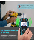 Heavy Duty Wall Scanner Detecting Wood Studs Hidden Live Cables And Conductive Metal With Rock Solid Depth Accuracy Featuring Crisp View Lcd Screen And Sharp Beeping Alert For No Fuss Diy Home Renovations in use, handheld showing LCD display.