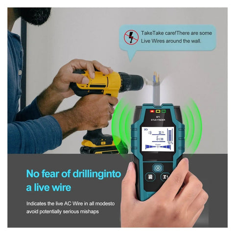 Heavy Duty Wall Scanner Detecting Wood Studs Hidden Live Cables And Conductive Metal With Rock Solid Depth Accuracy Featuring Crisp View Lcd Screen And Sharp Beeping Alert For No Fuss Diy Home Renovations in use, handheld showing LCD display.