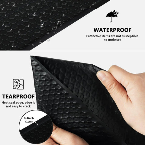 Close-up of 4x8 Inch Black Bubble Mailers 40 Pack Self Seal Padded Envelopes showing waterproof and tearproof features.