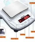 High Precision Digital Lab Scale 2000G Capacity With 0.01G Readability, Tare And Counting, stainless steel pan, LCD display.