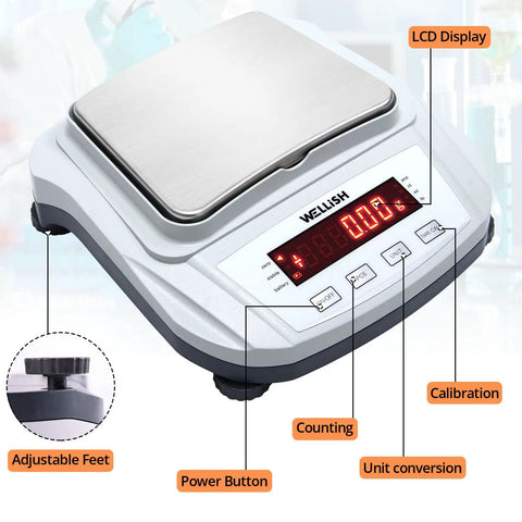 High Precision Digital Lab Scale 2000G Capacity With 0.01G Readability, Tare And Counting, stainless steel pan, LCD display.