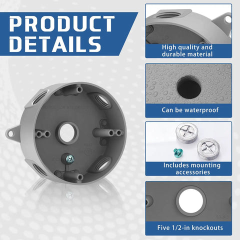 Beefy Four Pack Of 4-Inch Round Metal Electrical Boxes With 1/2-Inch Five-Hole Weatherproof Aluminum Outdoor Junction Box For Ceiling Fans And Lighting, UL Listed, Gray Finish, Includes Mounting Hardware, five 1/2-in knockouts