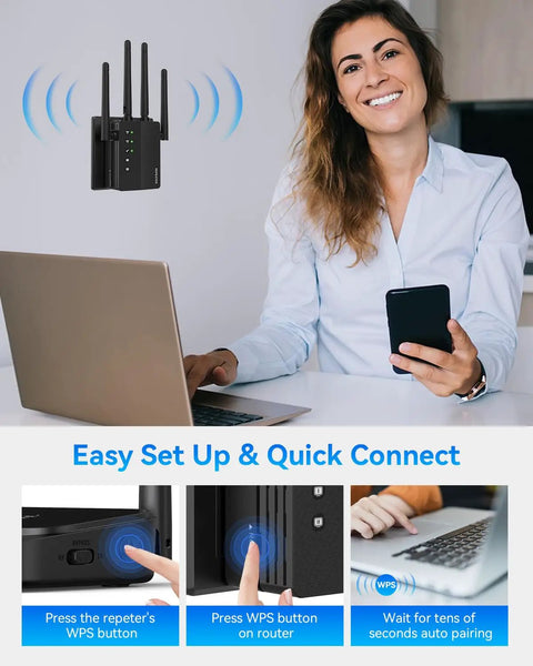 Smiling woman using phone with laptop; 1200Mbps Dual Band WiFi Extender For Home And Outdoor Use 5GHz And 2.4GHz Signal Booster