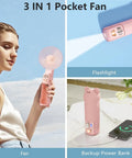 Portable Handheld Fan With Built In Power Bank And Flashlight USB C Rechargeable Mini Pocket Fan Delivers Up To 26 Hours Of Breeze