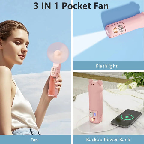 Portable Handheld Fan With Built In Power Bank And Flashlight USB C Rechargeable Mini Pocket Fan Delivers Up To 26 Hours Of Breeze