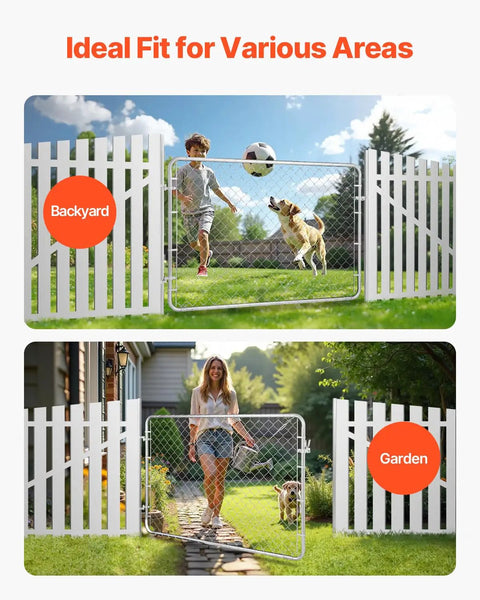Adjustable Chain Link Fence Gate 72 By 48 Inches Rust Resistant Galvanized Steel Garden Gate for Farm and Yard Fits 2.2 to 6 Ft Wide Opening and 6 Ft High Posts Not Included shown in backyard and garden settings