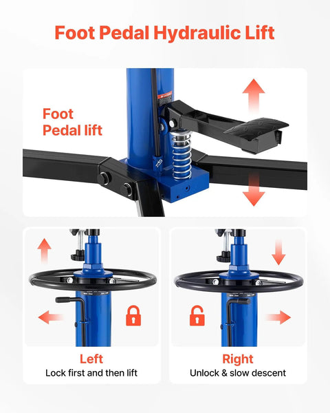 Beefed-Up Hydraulic Transmission Jack, 1660 Lbs Capacity with foot pedal and telescoping lift in blue, control details shown