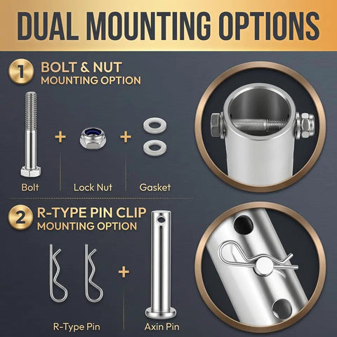 Dual mounting options for Heavy Duty Trailer Jack Drill Adapter For One Inch Shaft Shanks showing bolt and pin clip setups.