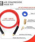 Three Eighths Inch By Six Foot Lead-In Air Hose For Compressors With Heavy-Duty Lightweight Flexible Kink-Resistant Whip Hose And Quarter Inch Industrial Brass Fittings Red 300 PSI shown with accessories