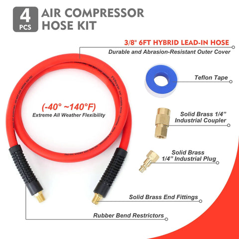 Three Eighths Inch By Six Foot Lead-In Air Hose For Compressors With Heavy-Duty Lightweight Flexible Kink-Resistant Whip Hose And Quarter Inch Industrial Brass Fittings Red 300 PSI shown with accessories