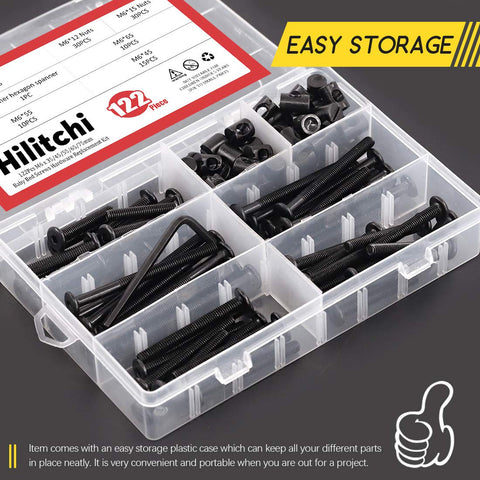 No Sweat Setup M6 Hex Socket Barrel Nuts 120 Piece Black Zinc Hardware Assortment Kit For Baby Crib And Furniture Build With 35Mm To 75Mm Screws in storage case.