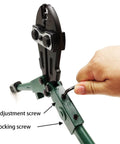 Close-up of 4 Slot Crimping Swaging Tool Kit for Heavy Duty High Tensile Wires with adjustment and locking screws.