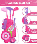 Slick Toddler Golf Club Set For Girls Ages Two To Four With Rad Breathable Outfit And Adjustable Hat Plus Lightweight Portable Cart for Fun Backyard Play, featuring a pink rolling golf cart with clubs.