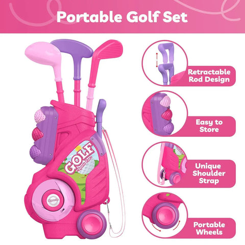 Slick Toddler Golf Club Set For Girls Ages Two To Four With Rad Breathable Outfit And Adjustable Hat Plus Lightweight Portable Cart for Fun Backyard Play, featuring a pink rolling golf cart with clubs.