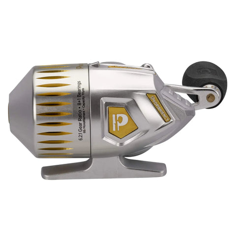 Side view of Sniper Spincast Reel With 6.2 To 1 Gear Ratio, 25 IPT Quick Retrieve, silver and gold finish, aluminum handle with EVA grip.