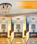 Boho Wood Beaded Chandelier Three Light Flush Mount Ceiling Fixture With Engraved Pattern Oil Rubbed Bronze in different lighting.