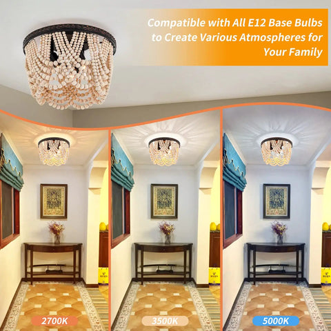 Boho Wood Beaded Chandelier Three Light Flush Mount Ceiling Fixture With Engraved Pattern Oil Rubbed Bronze in different lighting.